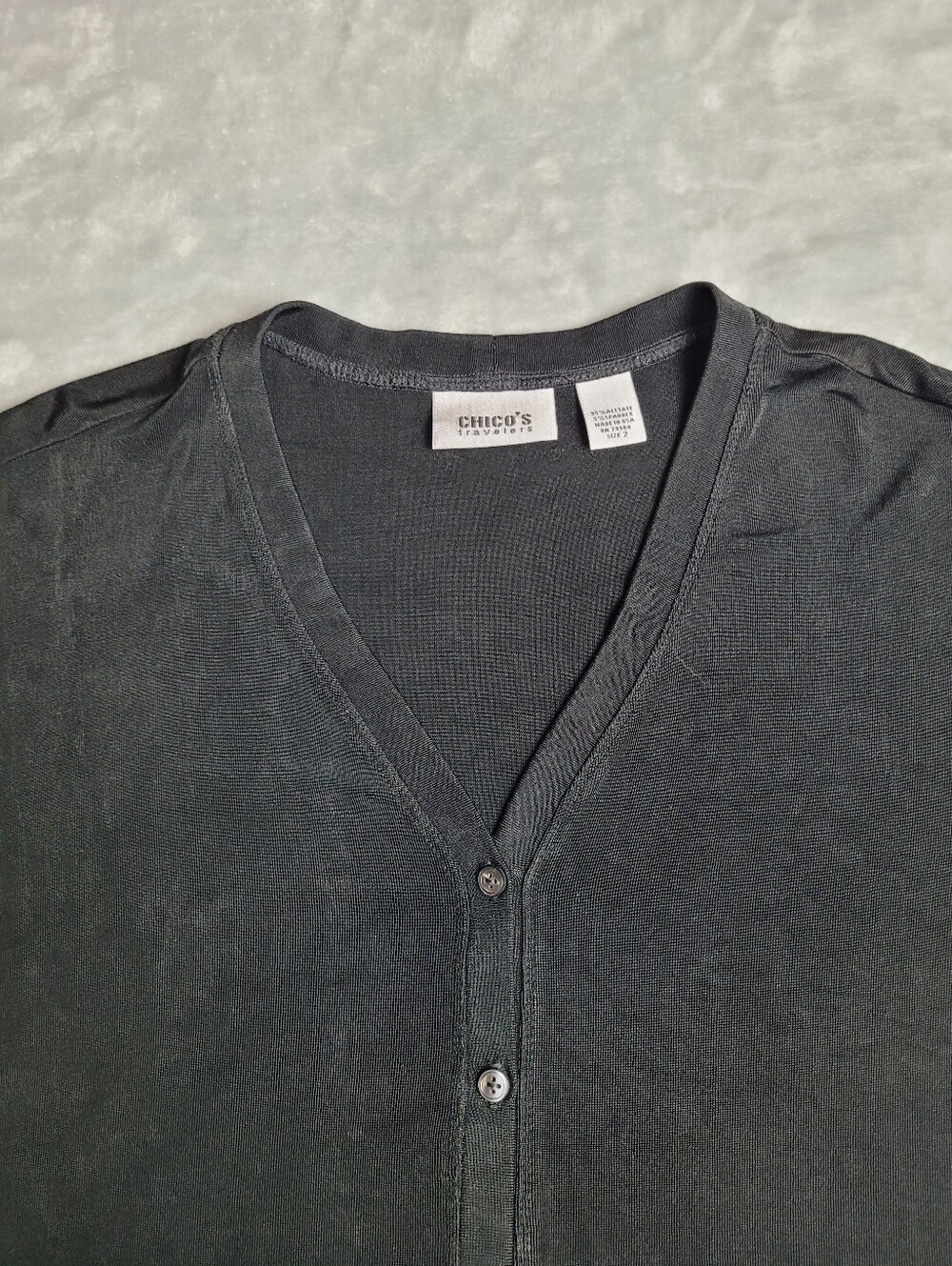 Chico's Travelers Black Slinky Knit Cardigan Size 2 V-Neck Button Front Stretch - Picture 3 of 9